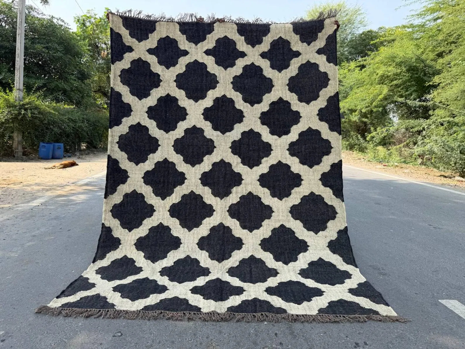 Handwoven Moroccan Wool Jute Area Rug, Reversible Black Ivory Kilim Rug, Geometric Trellis Flatweave Carpet, Boho Farmhouse Rug, Custom Size