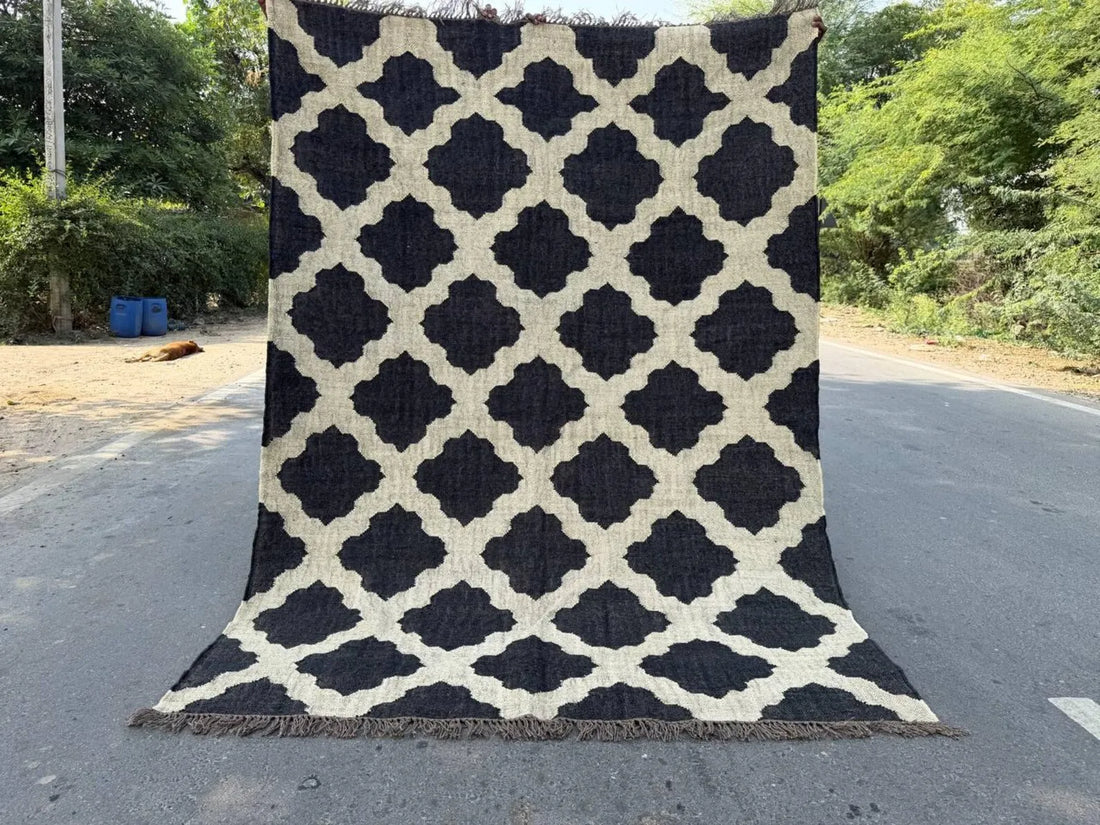 Handwoven Moroccan Wool Jute Area Rug, Reversible Black Ivory Kilim Rug, Geometric Trellis Flatweave Carpet, Boho Farmhouse Rug, Custom Size