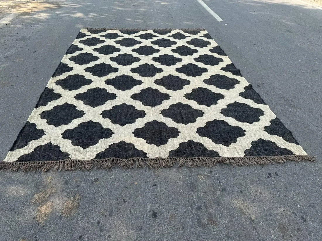 Handwoven Moroccan Wool Jute Area Rug, Reversible Black Ivory Kilim Rug, Geometric Trellis Flatweave Carpet, Boho Farmhouse Rug, Custom Size