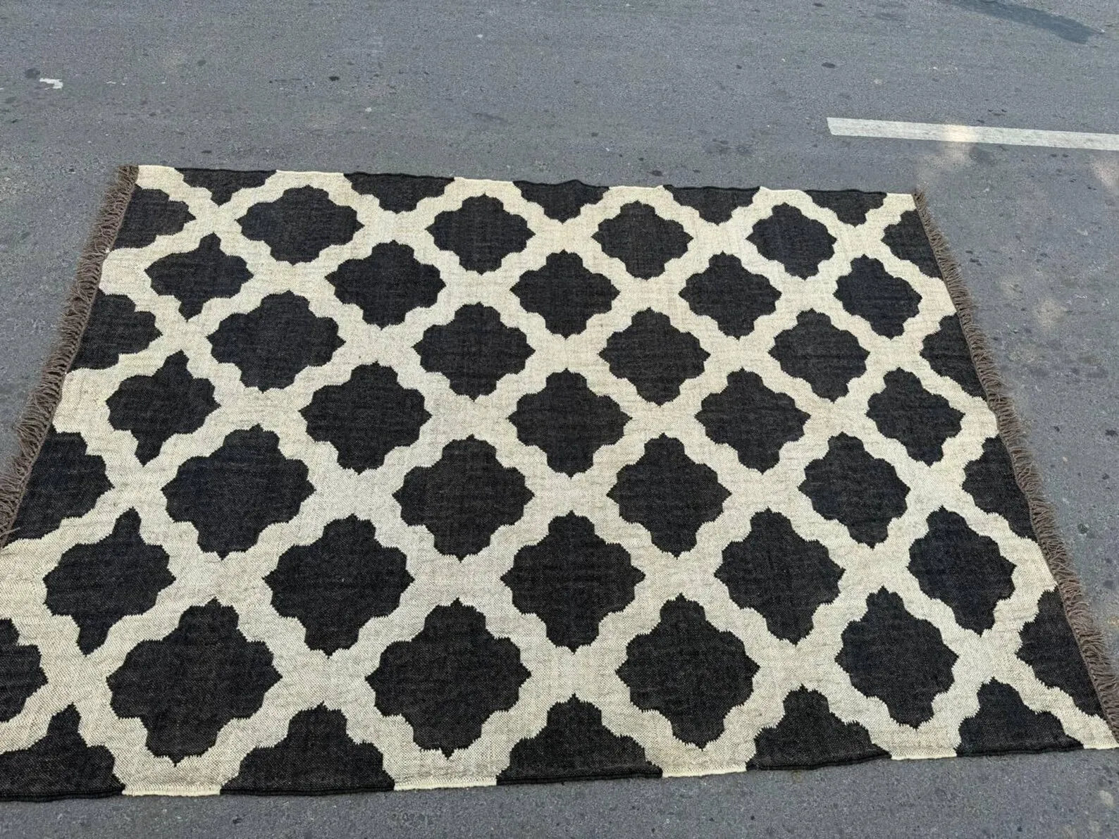 Handwoven Moroccan Wool Jute Area Rug, Reversible Black Ivory Kilim Rug, Geometric Trellis Flatweave Carpet, Boho Farmhouse Rug, Custom Size
