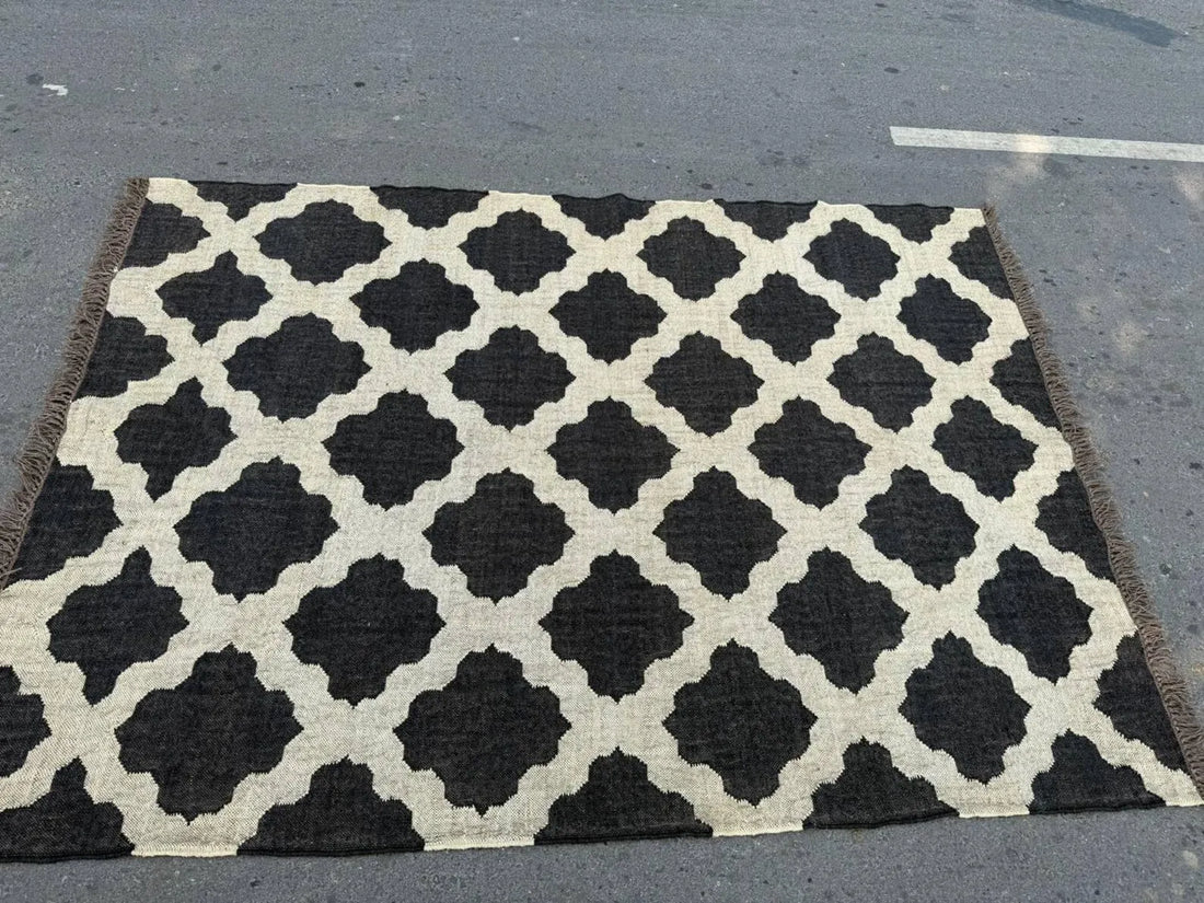 Handwoven Moroccan Wool Jute Area Rug, Reversible Black Ivory Kilim Rug, Geometric Trellis Flatweave Carpet, Boho Farmhouse Rug, Custom Size