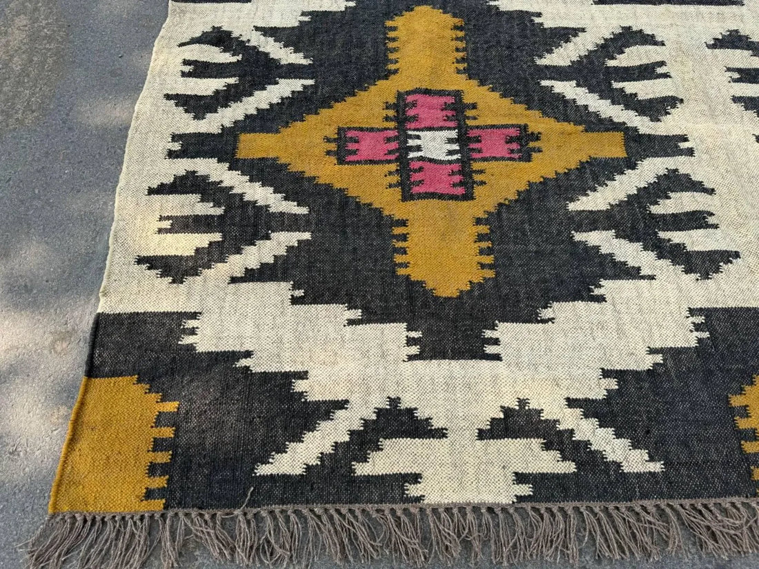 Handmade Wool Jute Kilim Rug, Southwestern Geometric Area Rug, Reversible Flatweave Dhurrie Carpet, Boho Rustic Floor Rug, Custom Size Available