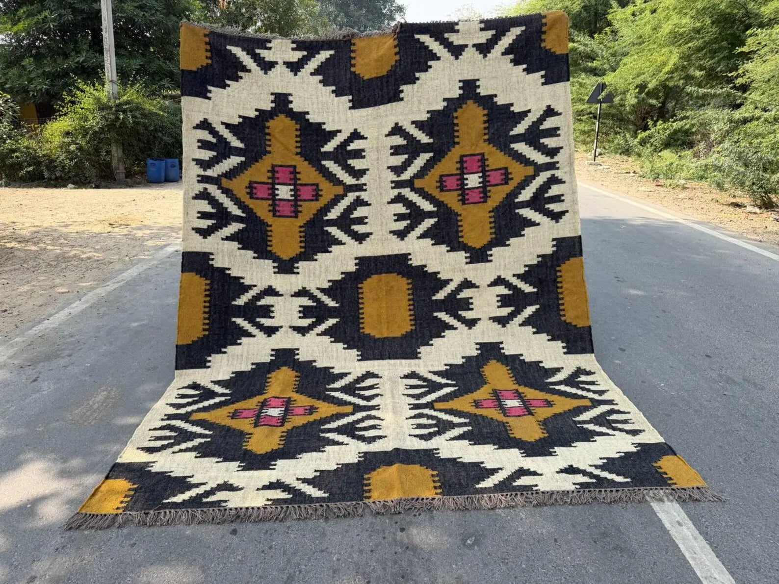 Handmade Wool Jute Kilim Rug, Southwestern Geometric Area Rug, Reversible Flatweave Dhurrie Carpet, Boho Rustic Floor Rug, Custom Size Available