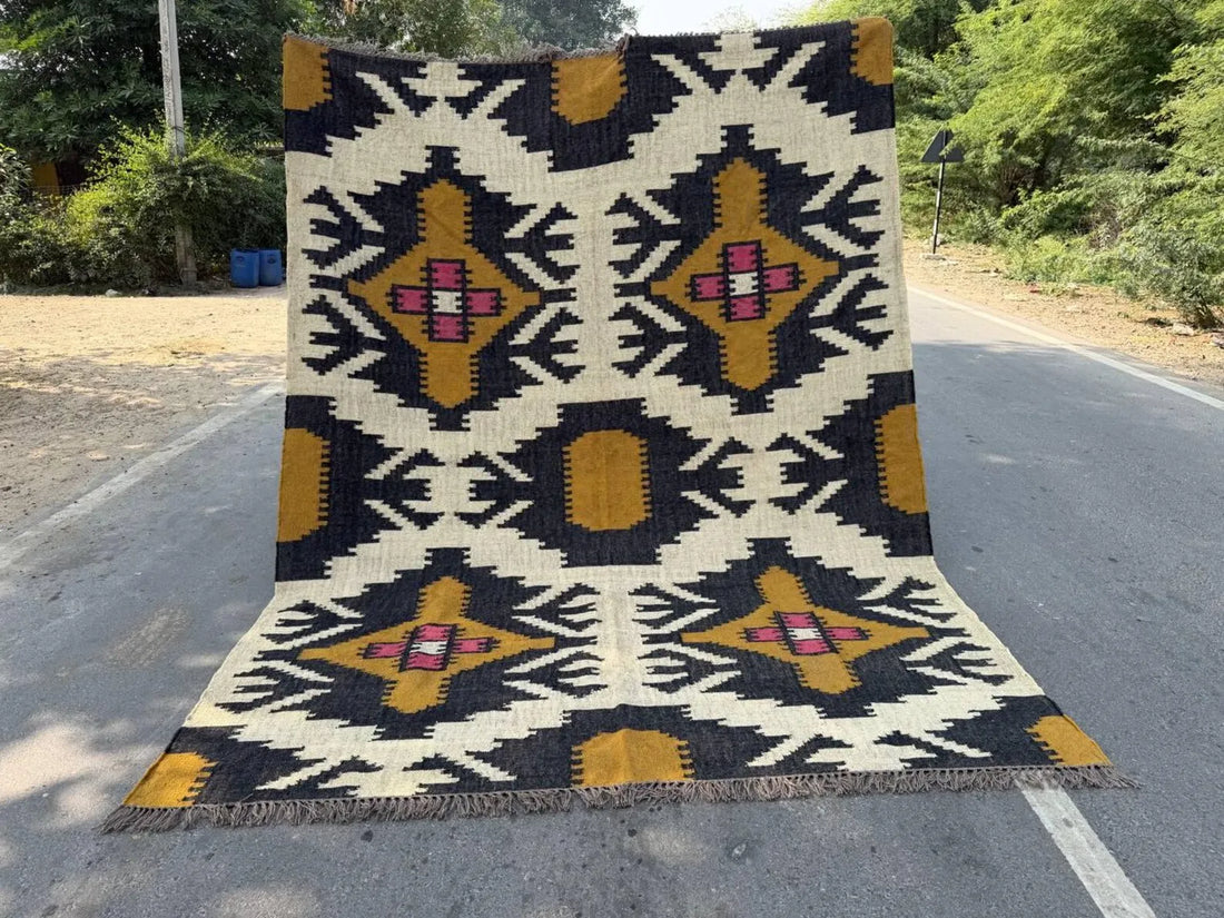 Handmade Wool Jute Kilim Rug, Southwestern Geometric Area Rug, Reversible Flatweave Dhurrie Carpet, Boho Rustic Floor Rug, Custom Size Available