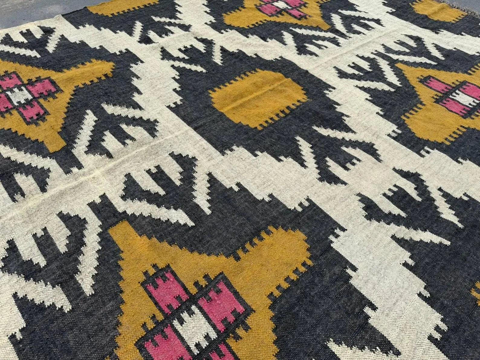 Handmade Wool Jute Kilim Rug, Southwestern Geometric Area Rug, Reversible Flatweave Dhurrie Carpet, Boho Rustic Floor Rug, Custom Size Available