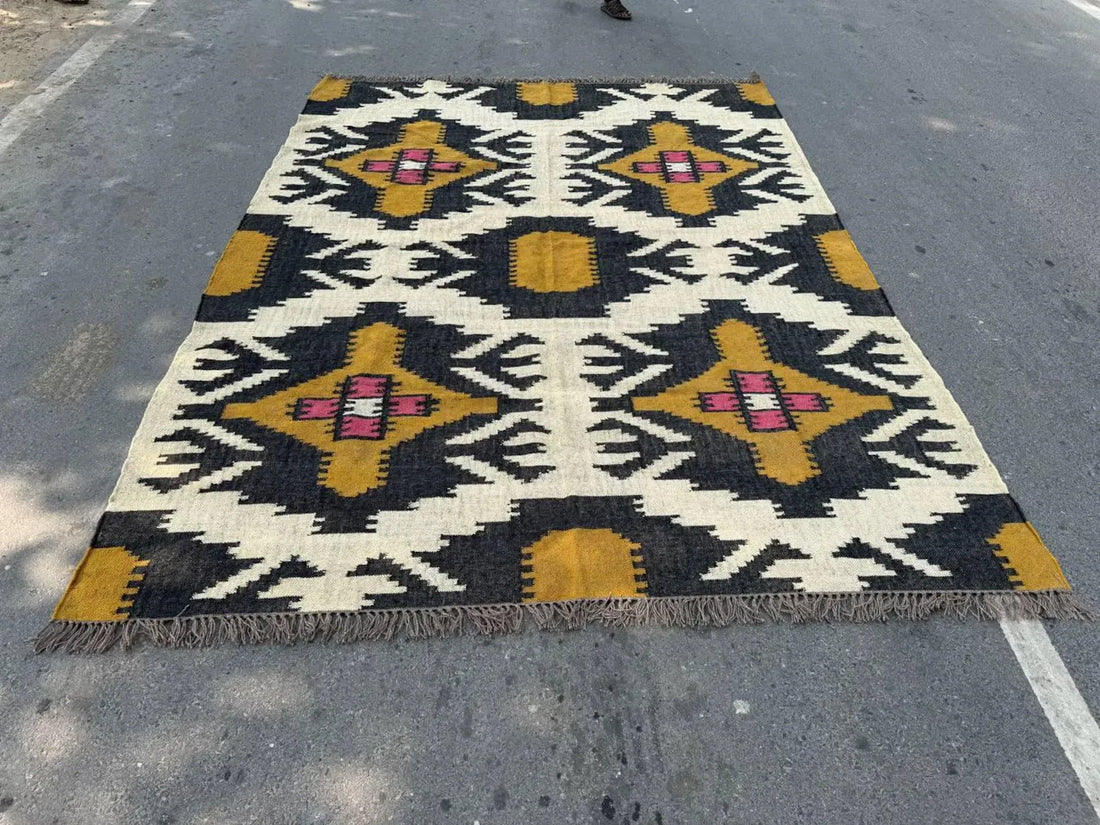 Handmade Wool Jute Kilim Rug, Southwestern Geometric Area Rug, Reversible Flatweave Dhurrie Carpet, Boho Rustic Floor Rug, Custom Size Available