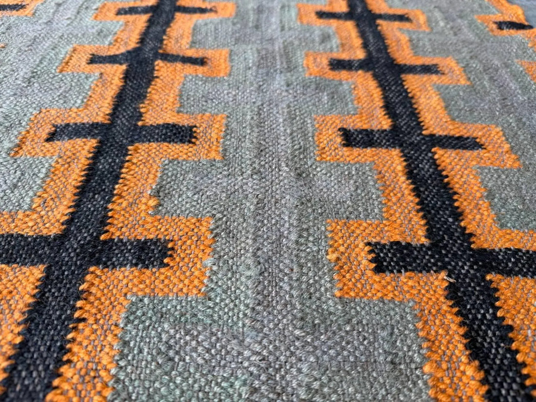 Handwoven Wool Jute Kilim Rug, Modern Geometric Flatweave Area Rug, Handmade Boho Southwestern Dhurrie Carpet, Custom Size Rug