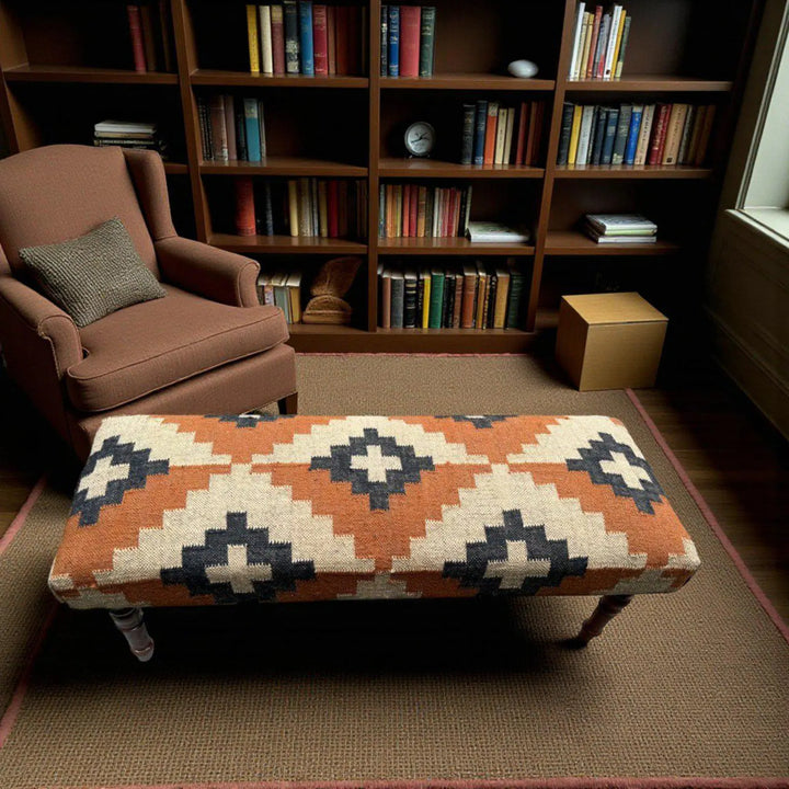 Handmade Kilim Bench – Teak Wood Wool & Jute Entryway, Piano & Ottoman Seating