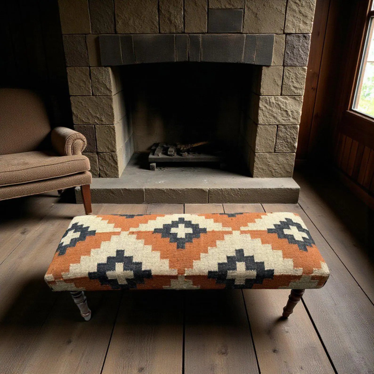 Handmade Kilim Bench – Teak Wood Wool & Jute Entryway, Piano & Ottoman Seating