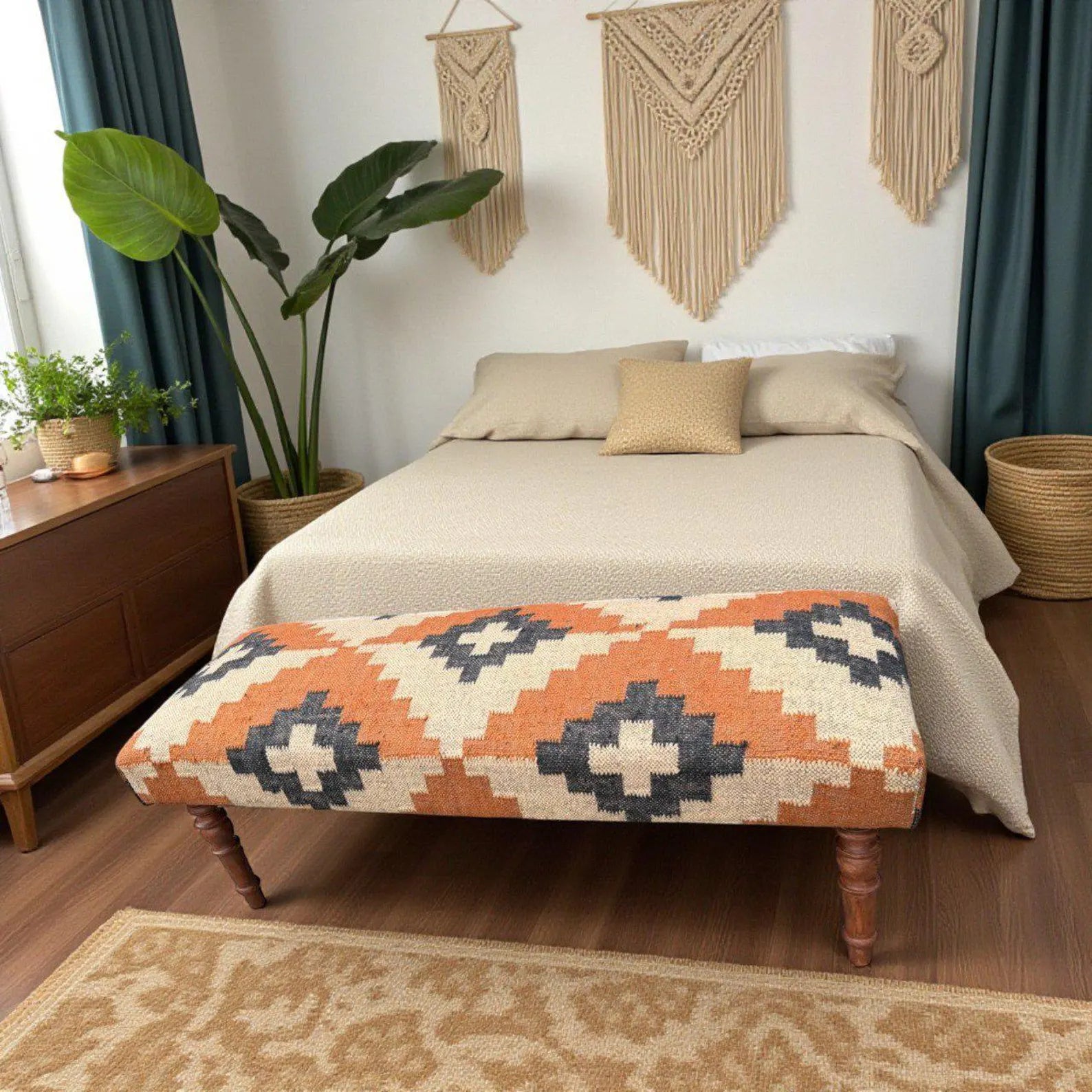 Handmade Kilim Bench – Teak Wood Wool & Jute Entryway, Piano & Ottoman Seating