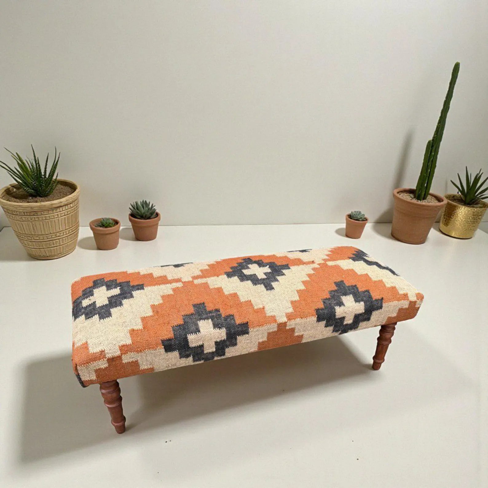 Handmade Kilim Bench – Teak Wood Wool & Jute Entryway, Piano & Ottoman Seating