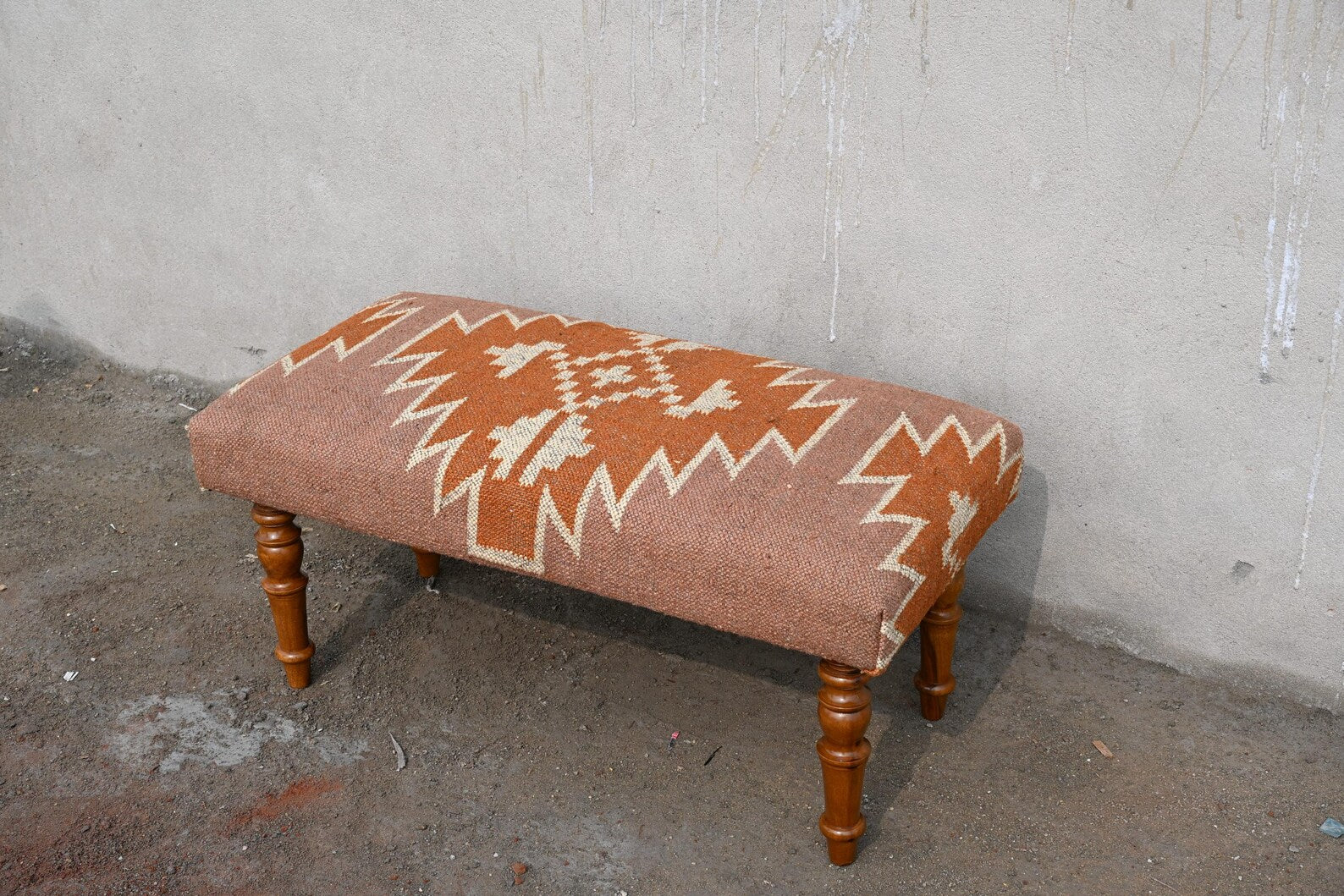 Handmade Indian Kilim Bench – Upholstered Wool Jute Ottoman Seat Rustic Elegance with Ethnic Character