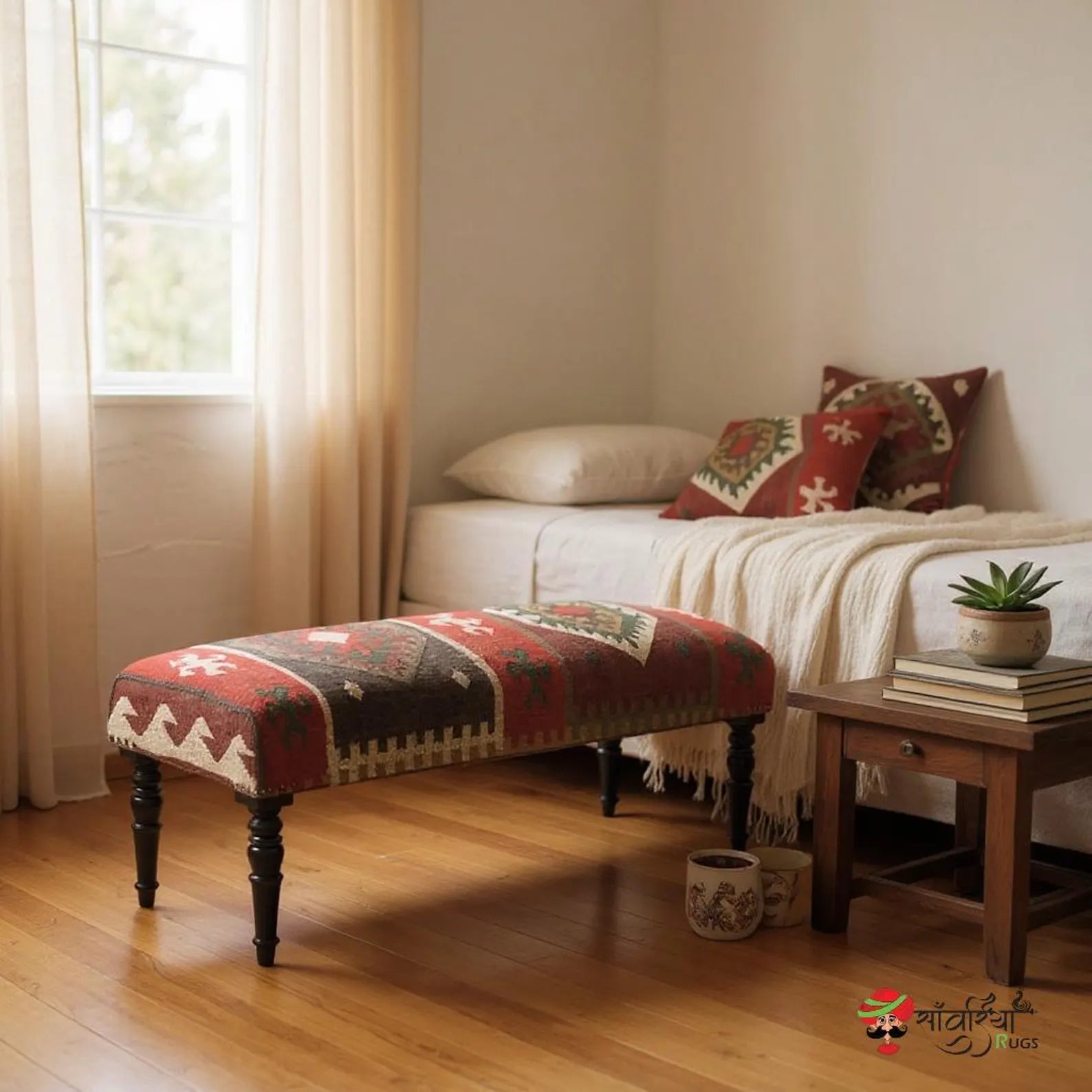 Handmade Kilim Rug Ottoman Bench – Wool Jute Upholstered Footstool