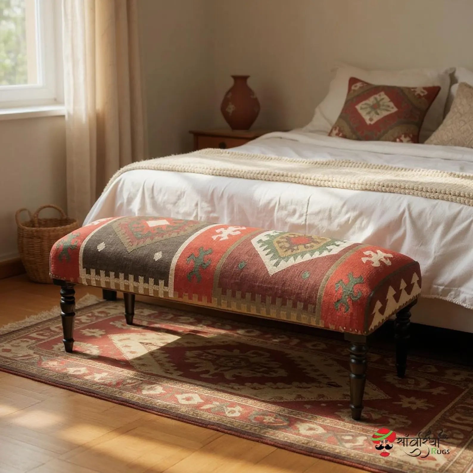 Handmade Kilim Rug Ottoman Bench – Wool Jute Upholstered Footstool