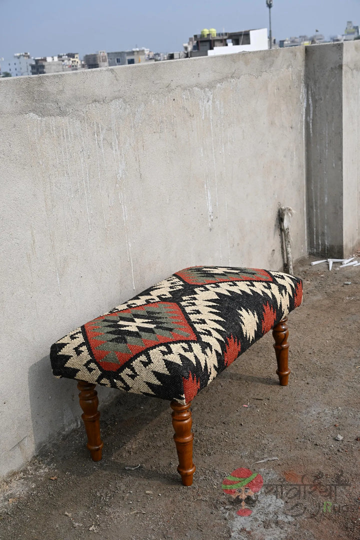 Handmade Kilim Bench Ottoman – Wool Upholstered Wooden Boho Tribal Entryway Bench