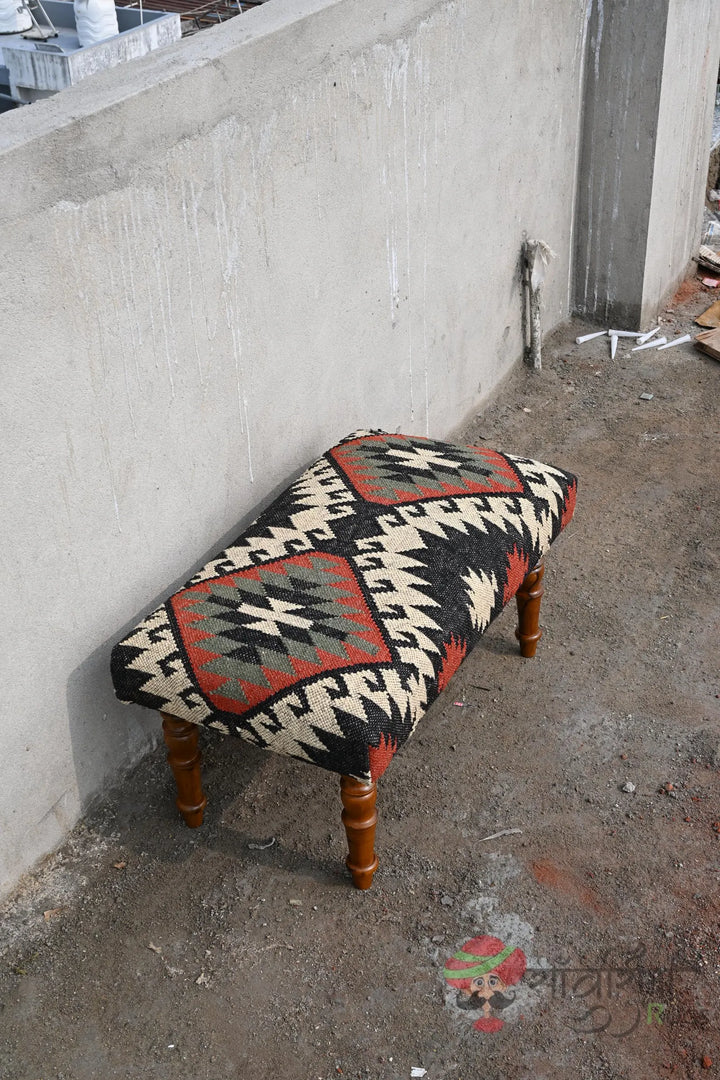 Handmade Kilim Bench Ottoman – Wool Upholstered Wooden Boho Tribal Entryway Bench