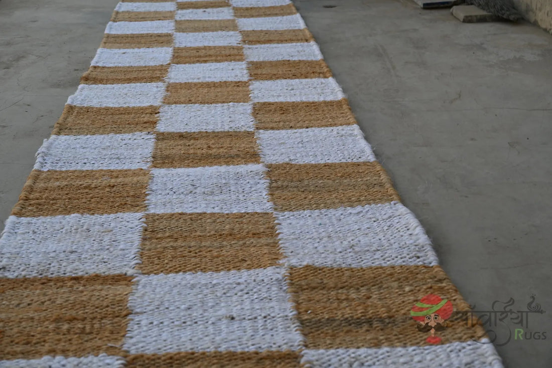 Handwoven Jute Runner Rug – Natural White Checkered Flatweave