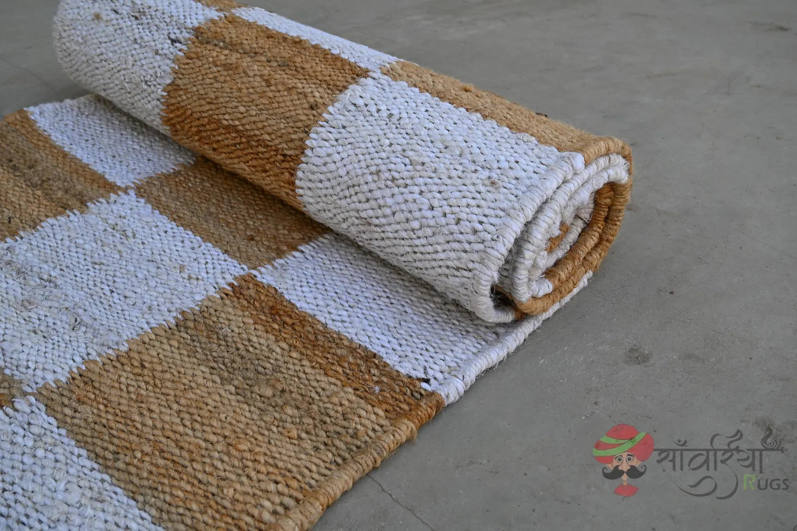 Handwoven Jute Runner Rug – Natural White Checkered Flatweave