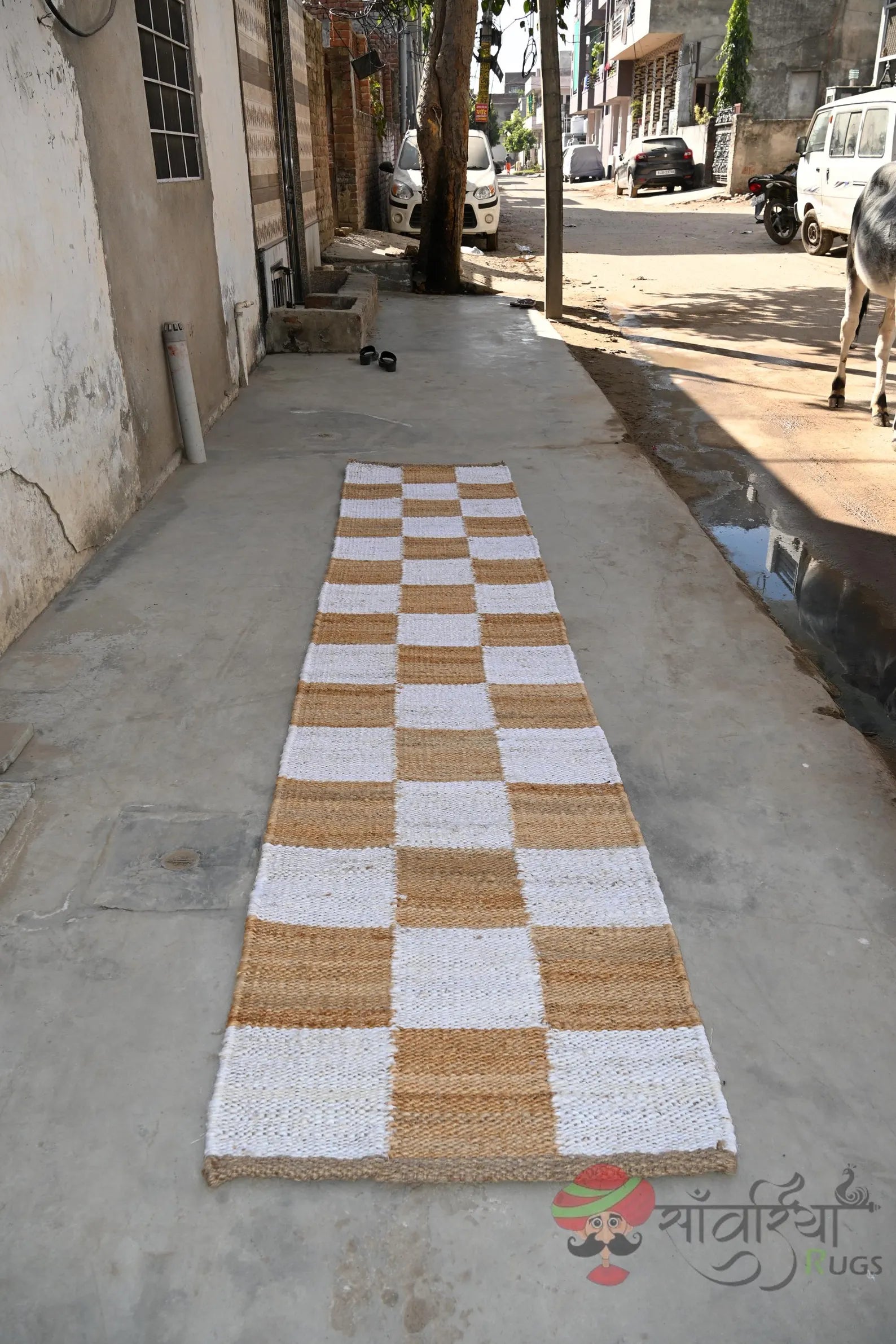 Handwoven Jute Runner Rug – Natural White Checkered Flatweave