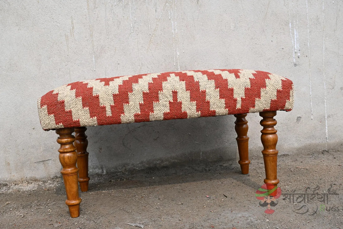 Handmade Kilim Bench Ottoman – Wool Upholstered Wooden Boho Tribal Entryway Bench
