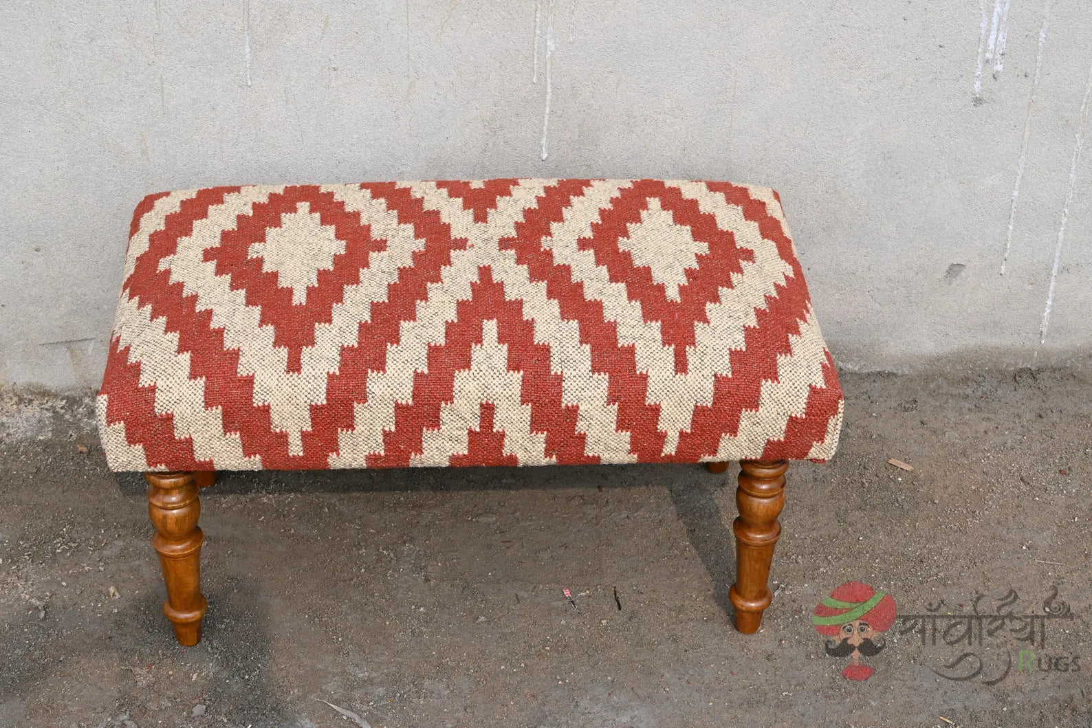 Handmade Kilim Bench Ottoman – Wool Upholstered Wooden Boho Tribal Entryway Bench