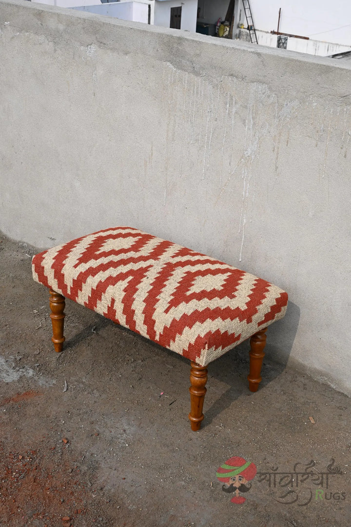 Handmade Kilim Bench Ottoman – Wool Upholstered Wooden Boho Tribal Entryway Bench