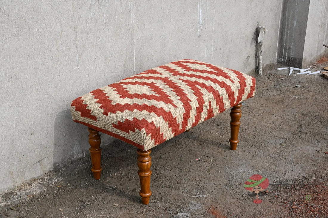 Handmade Kilim Bench Ottoman – Wool Upholstered Wooden Boho Tribal Entryway Bench