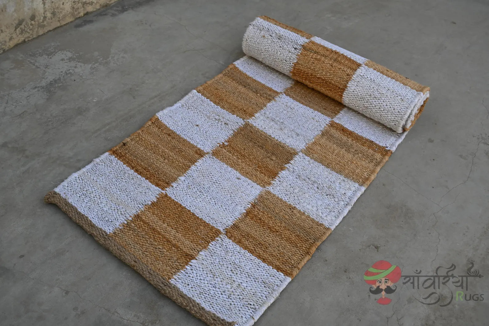 Handwoven Jute Runner Rug – Natural White Checkered Flatweave