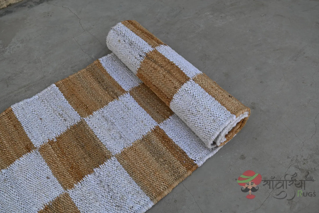 Handwoven Jute Runner Rug – Natural White Checkered Flatweave