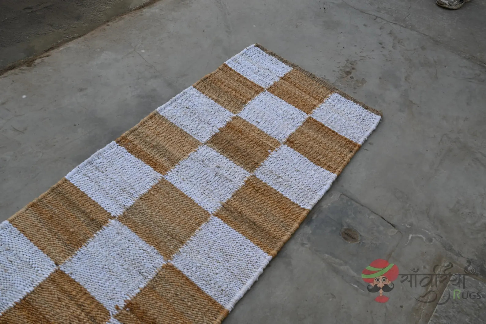 Handwoven Jute Runner Rug – Natural White Checkered Flatweave