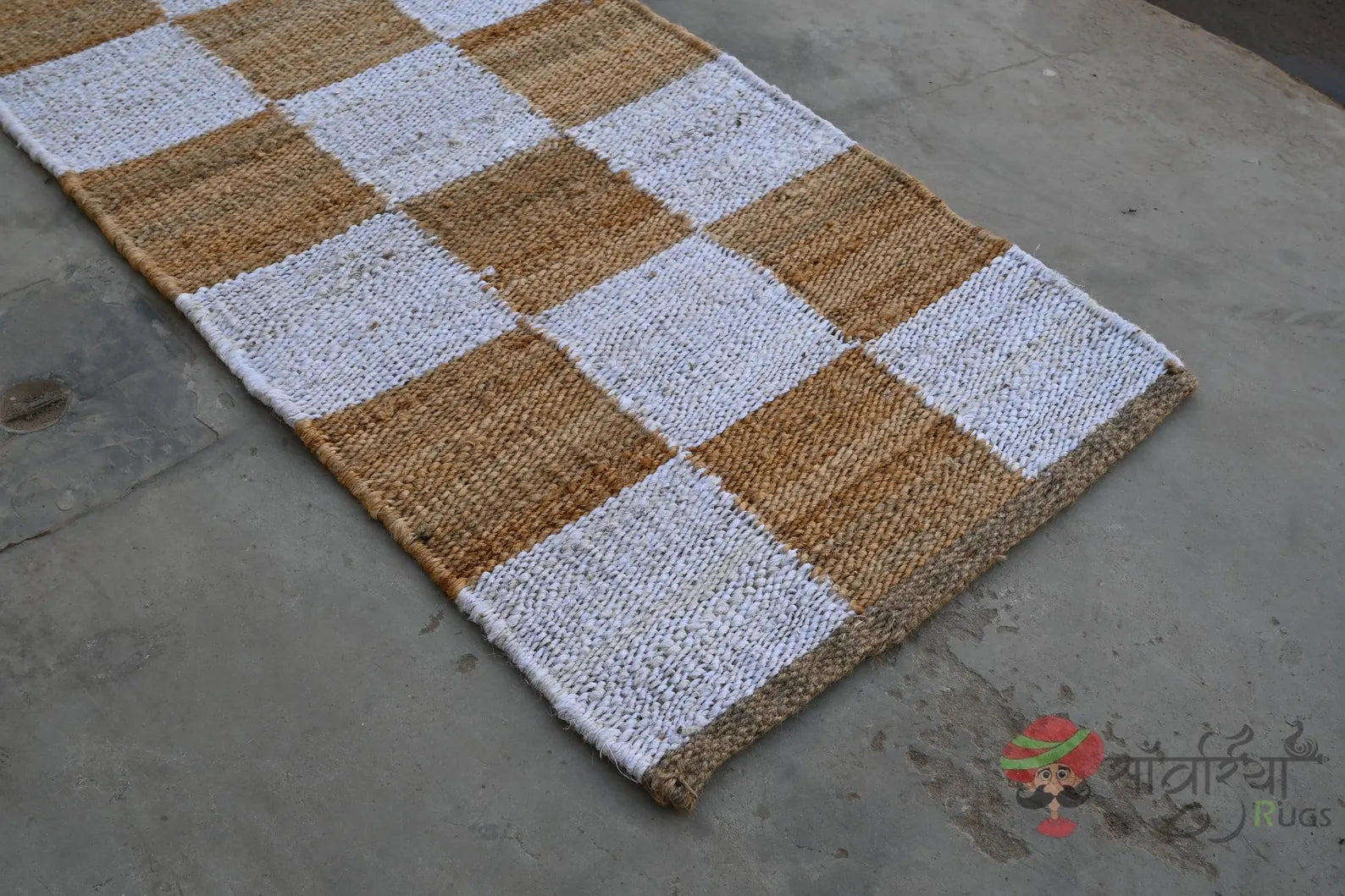 Handwoven Jute Runner Rug – Natural White Checkered Flatweave