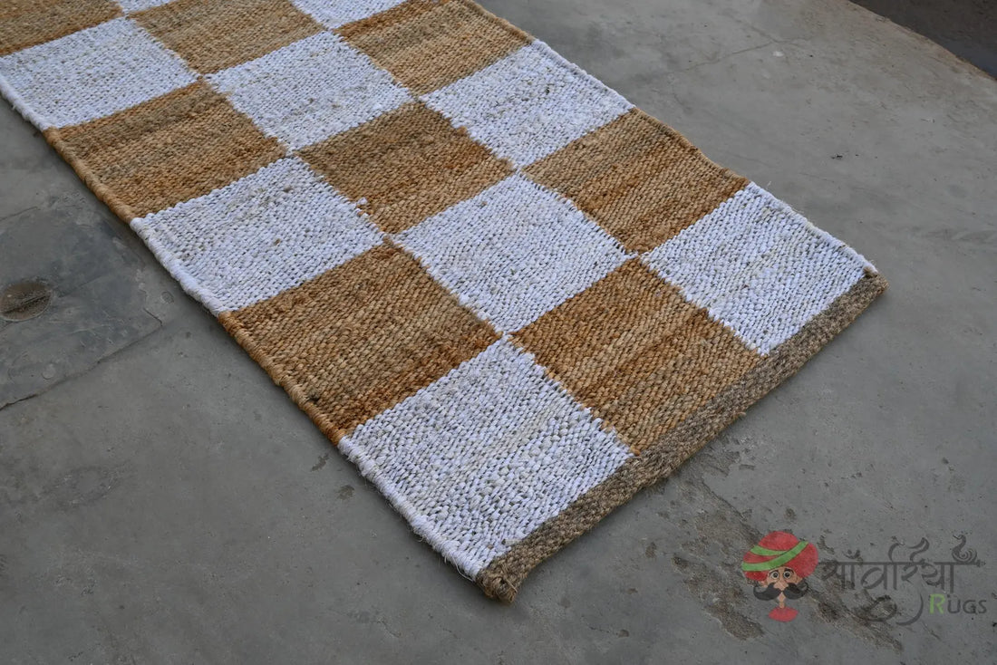 Handwoven Jute Runner Rug – Natural White Checkered Flatweave