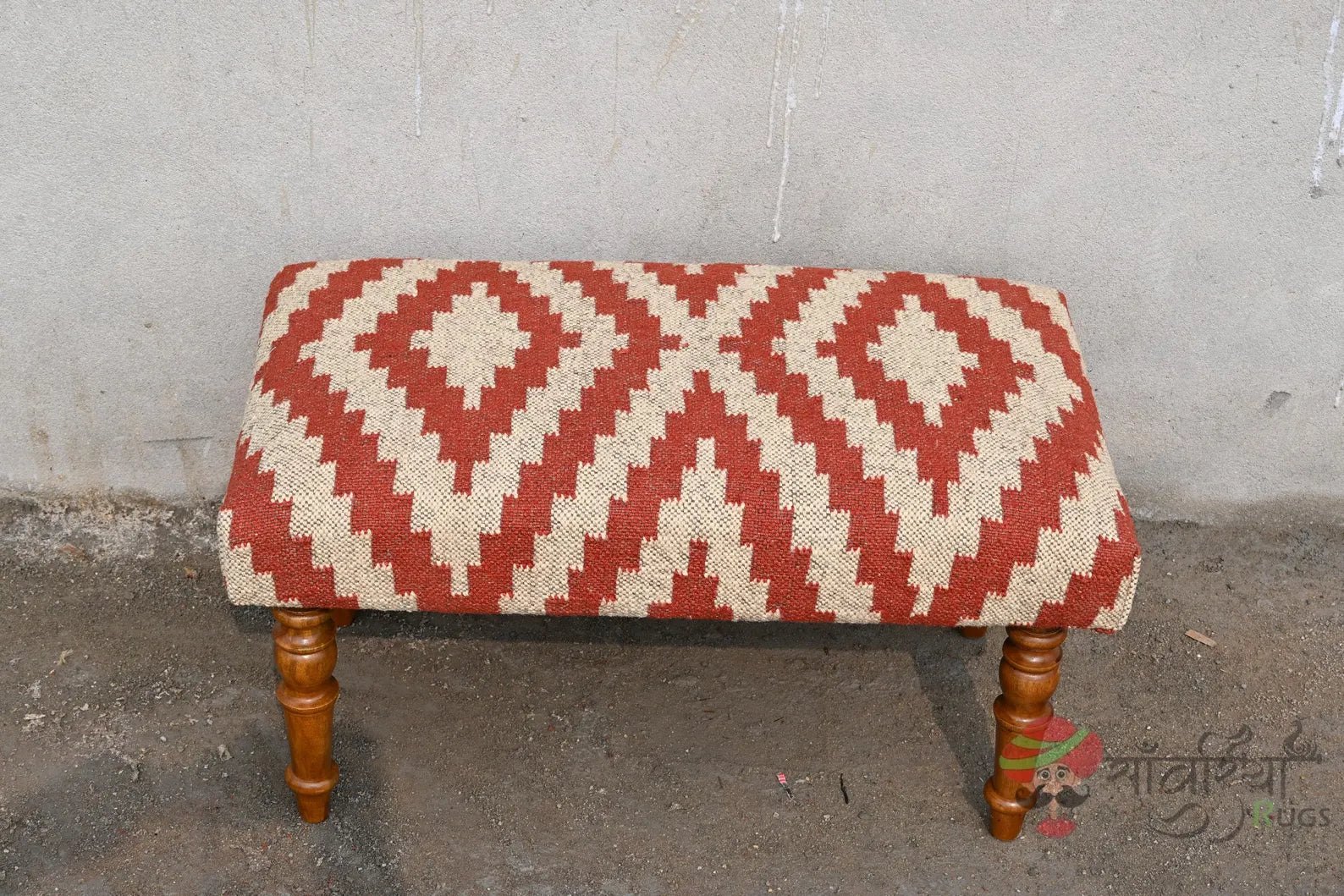 Handmade Kilim Bench Ottoman – Wool Upholstered Wooden Boho Tribal Entryway Bench