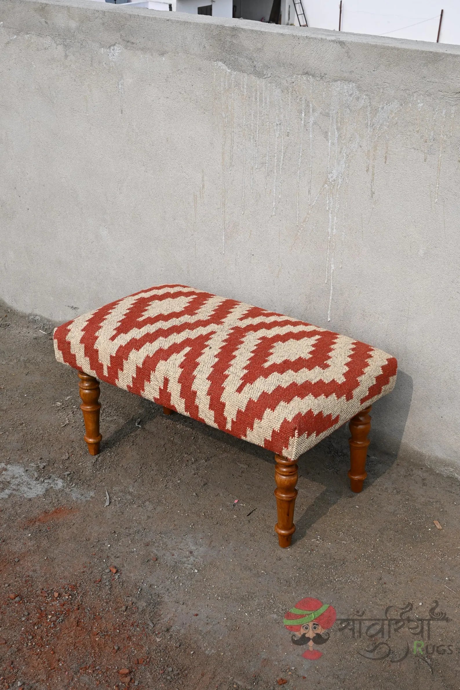 Handmade Kilim Bench Ottoman – Wool Upholstered Wooden Boho Tribal Entryway Bench