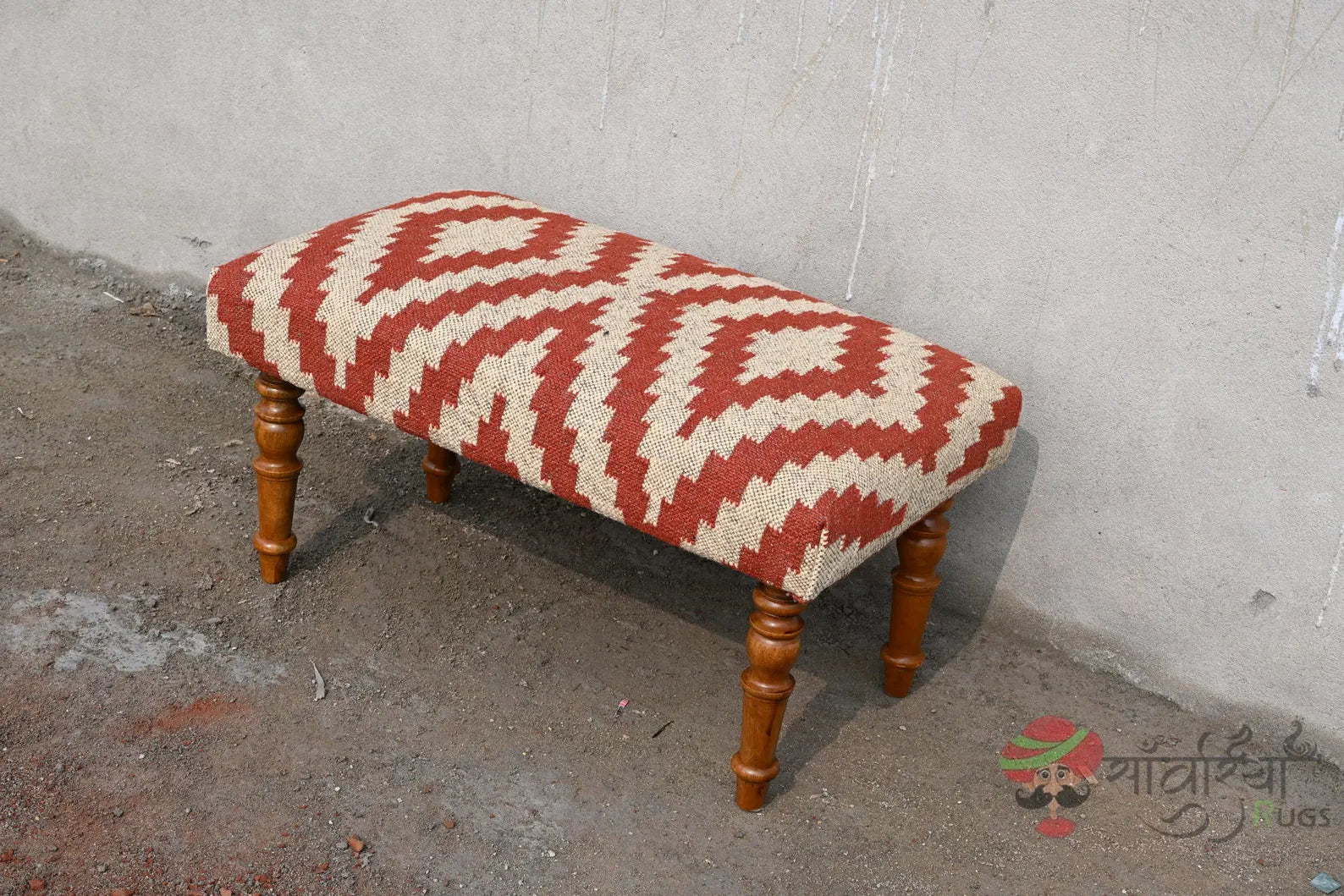 Handmade Kilim Bench Ottoman – Wool Upholstered Wooden Boho Tribal Entryway Bench