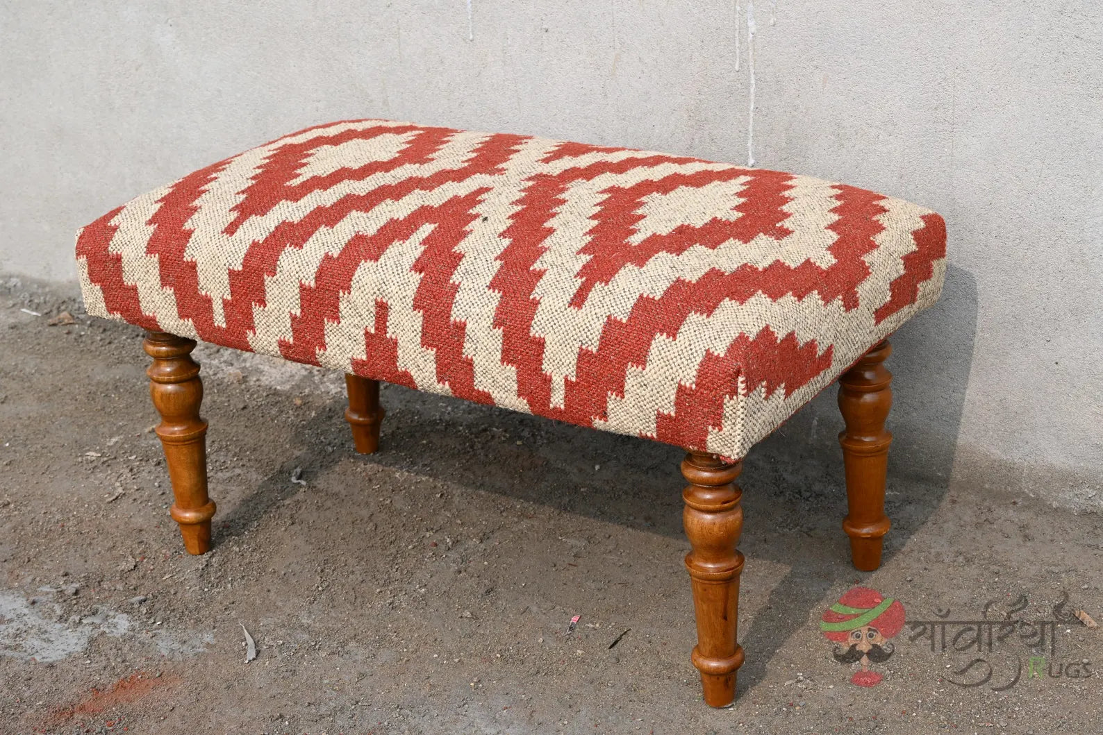 Handmade Kilim Bench Ottoman – Wool Upholstered Wooden Boho Tribal Entryway Bench