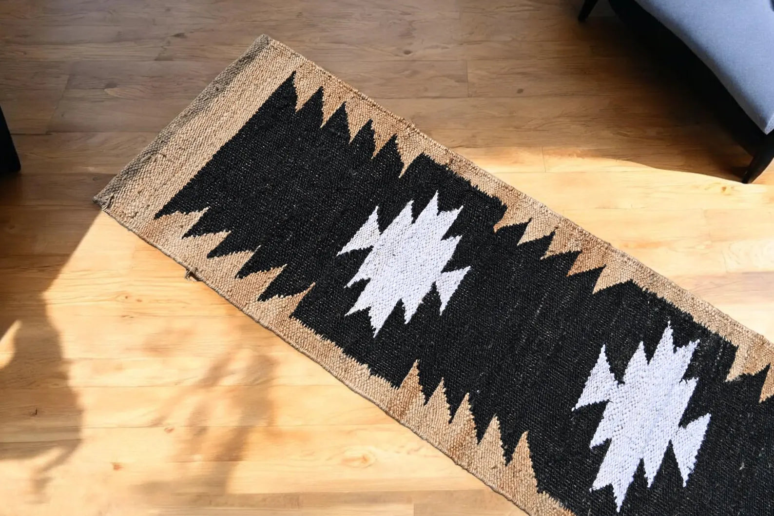 Handwoven Black White Kilim Jute Stair Runner Rug