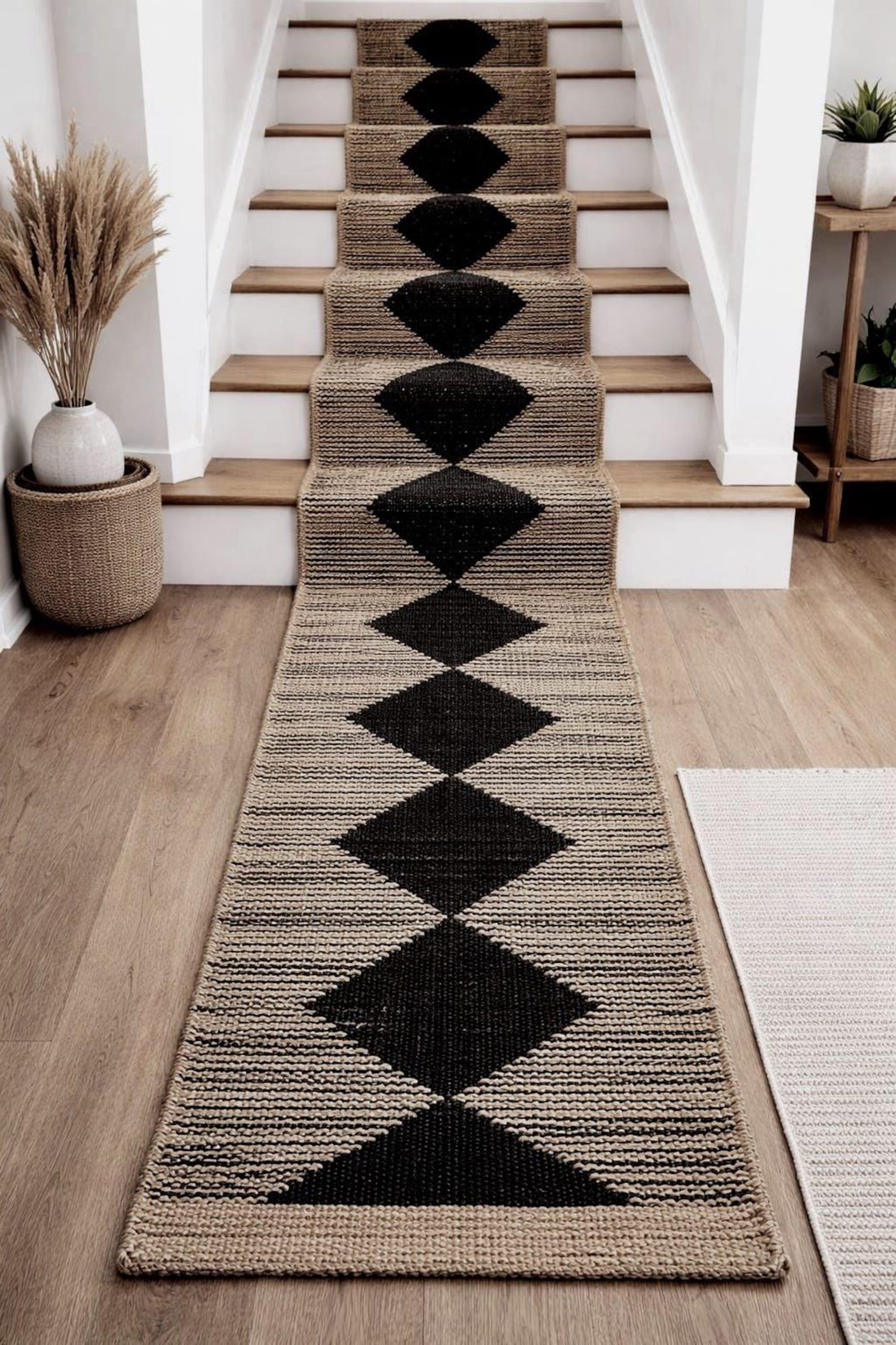 Black White Hemp Stair Runner Rug for Modern Boho Interiors