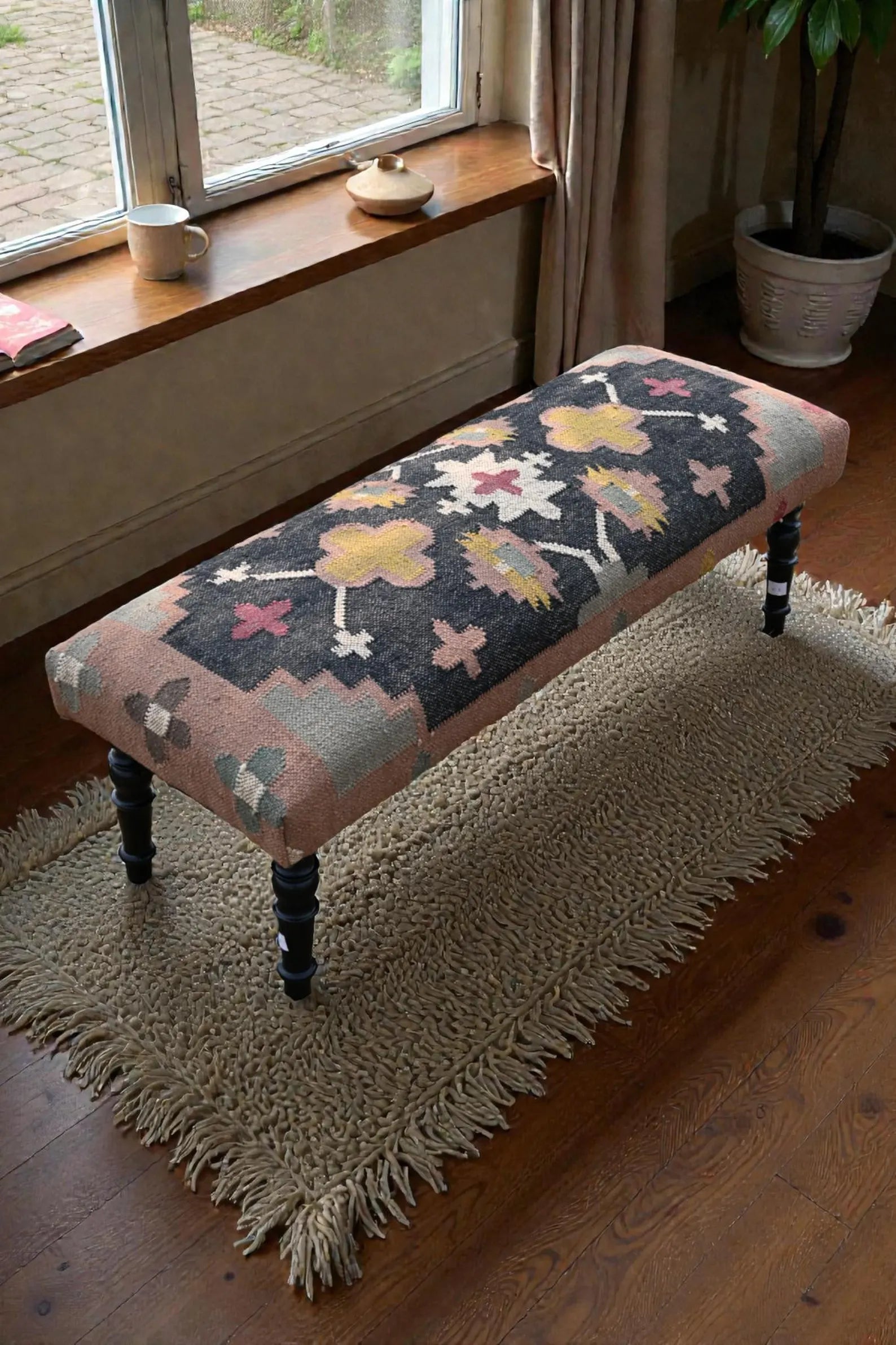 Kilim Bench Ottoman – Handmade Turkish Kilim Upholstered Sitting Bench