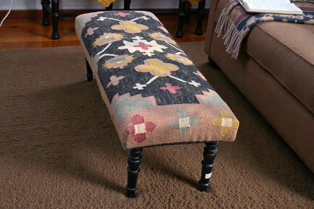 Kilim Bench Ottoman – Handmade Turkish Kilim Upholstered Sitting Bench