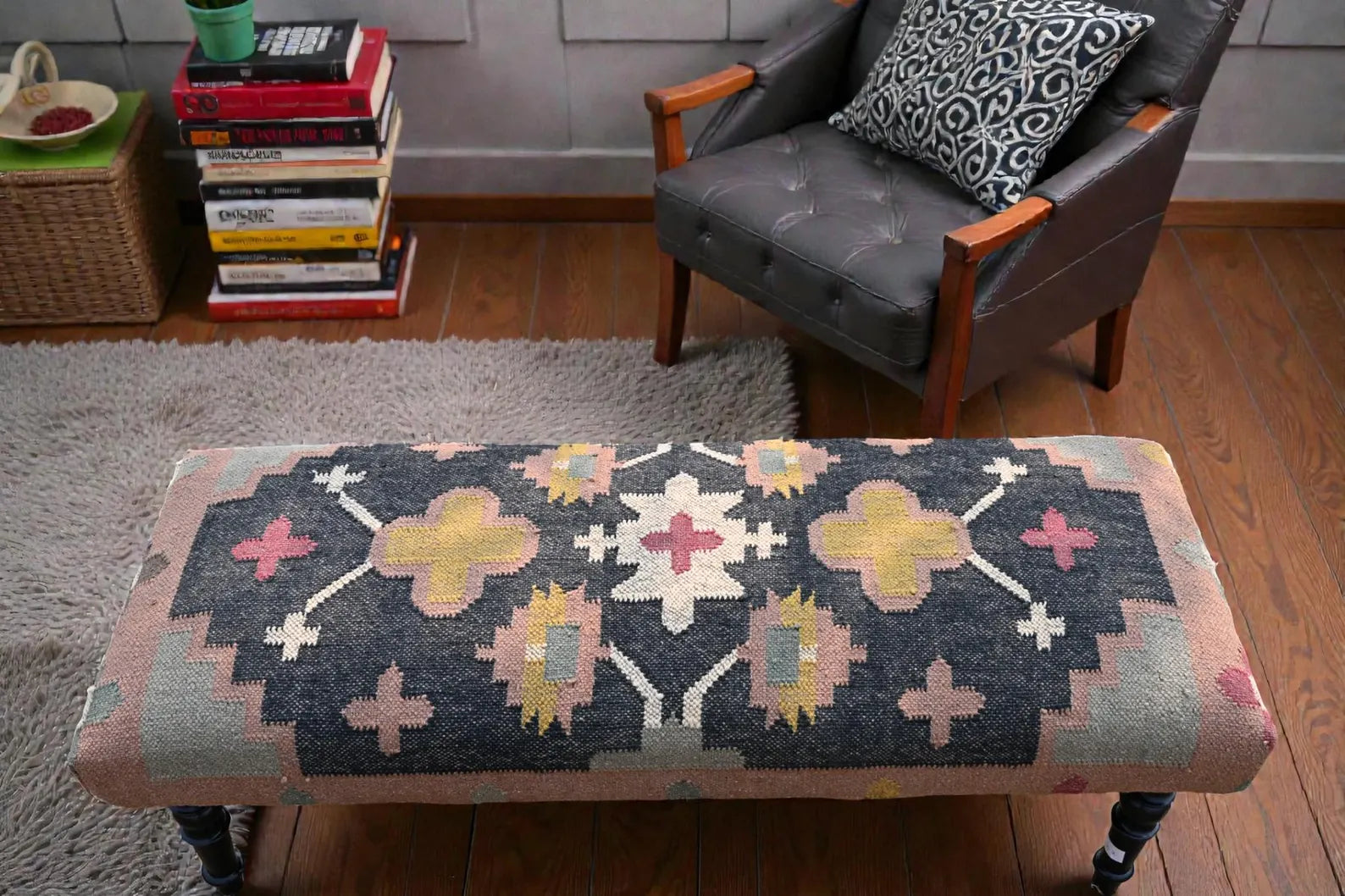 Kilim Bench Ottoman – Handmade Turkish Kilim Upholstered Sitting Bench