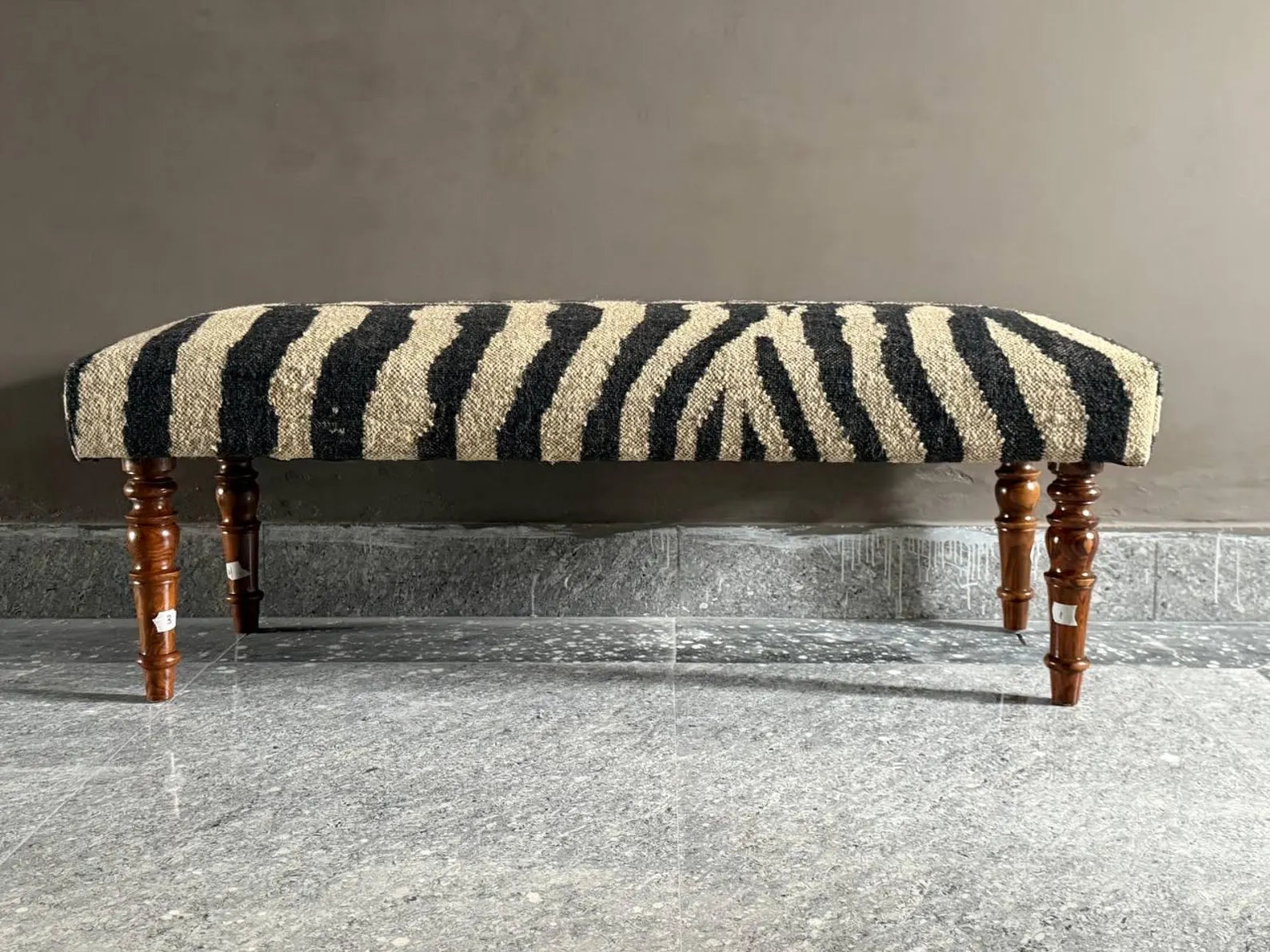 Zebra Pattern Kilim Bench – Handmade Teak Wood Wool Jute Ottoman