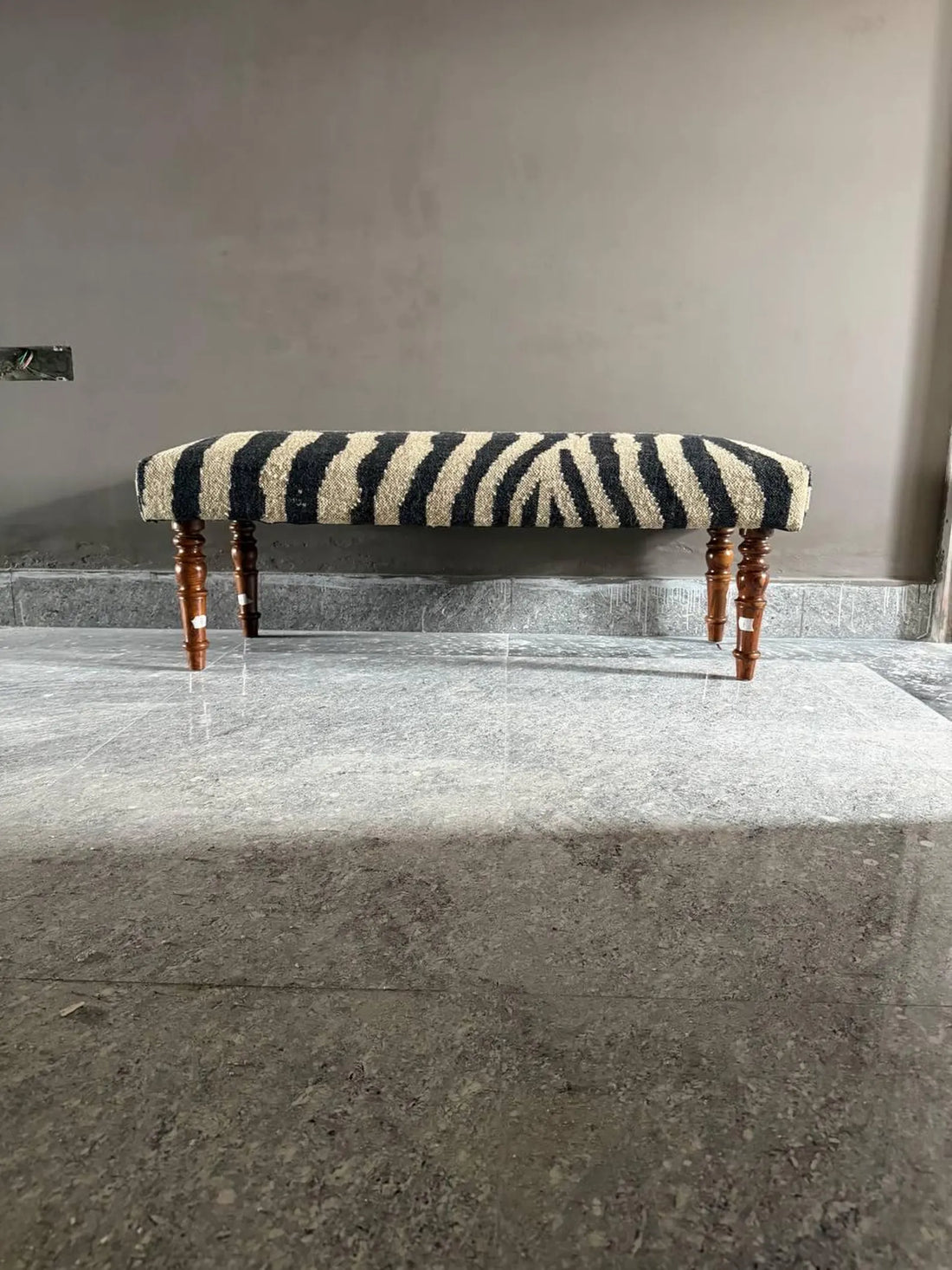 Zebra Pattern Kilim Bench – Handmade Teak Wood Wool Jute Ottoman