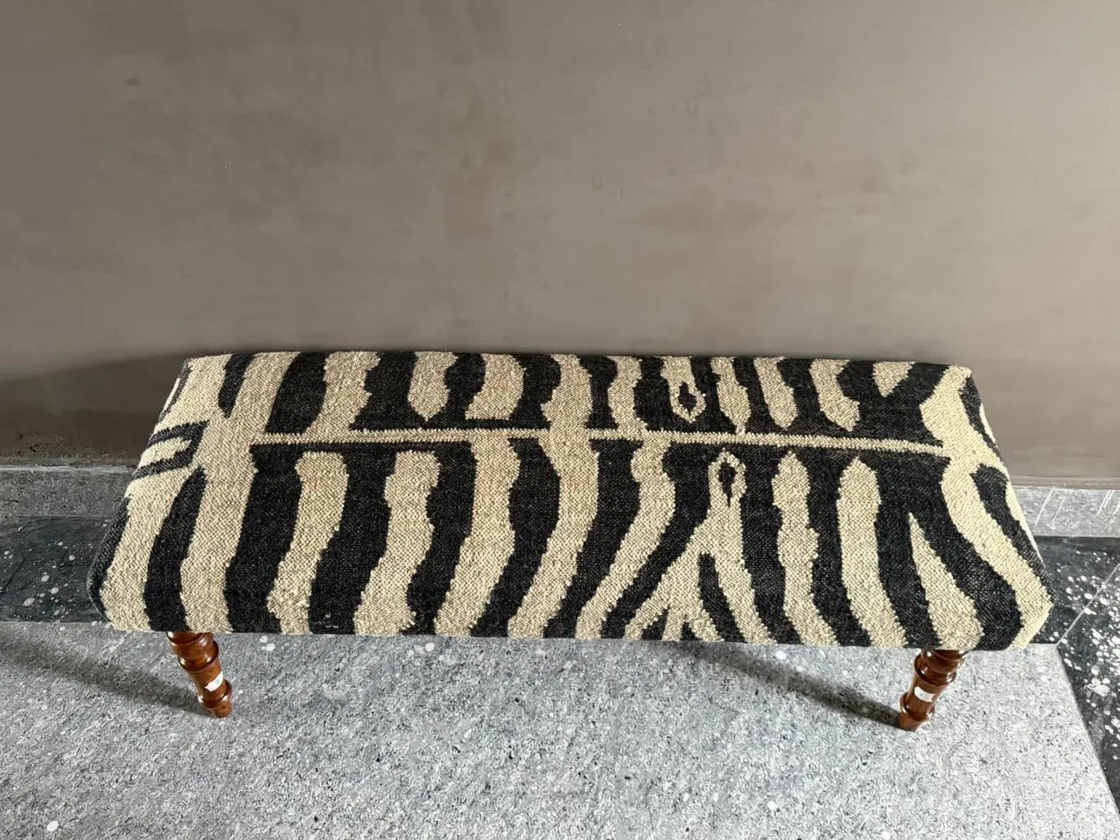 Zebra Pattern Kilim Bench – Handmade Teak Wood Wool Jute Ottoman