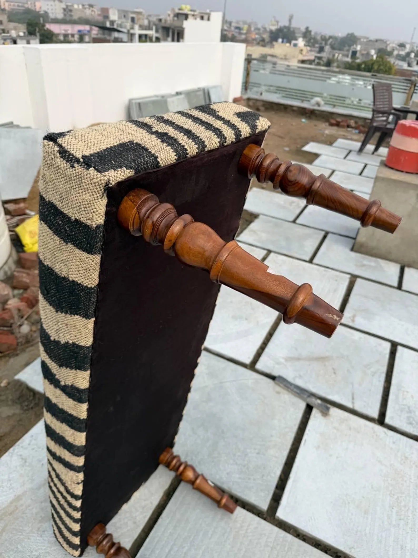 Zebra Pattern Kilim Bench – Handmade Teak Wood Wool Jute Ottoman