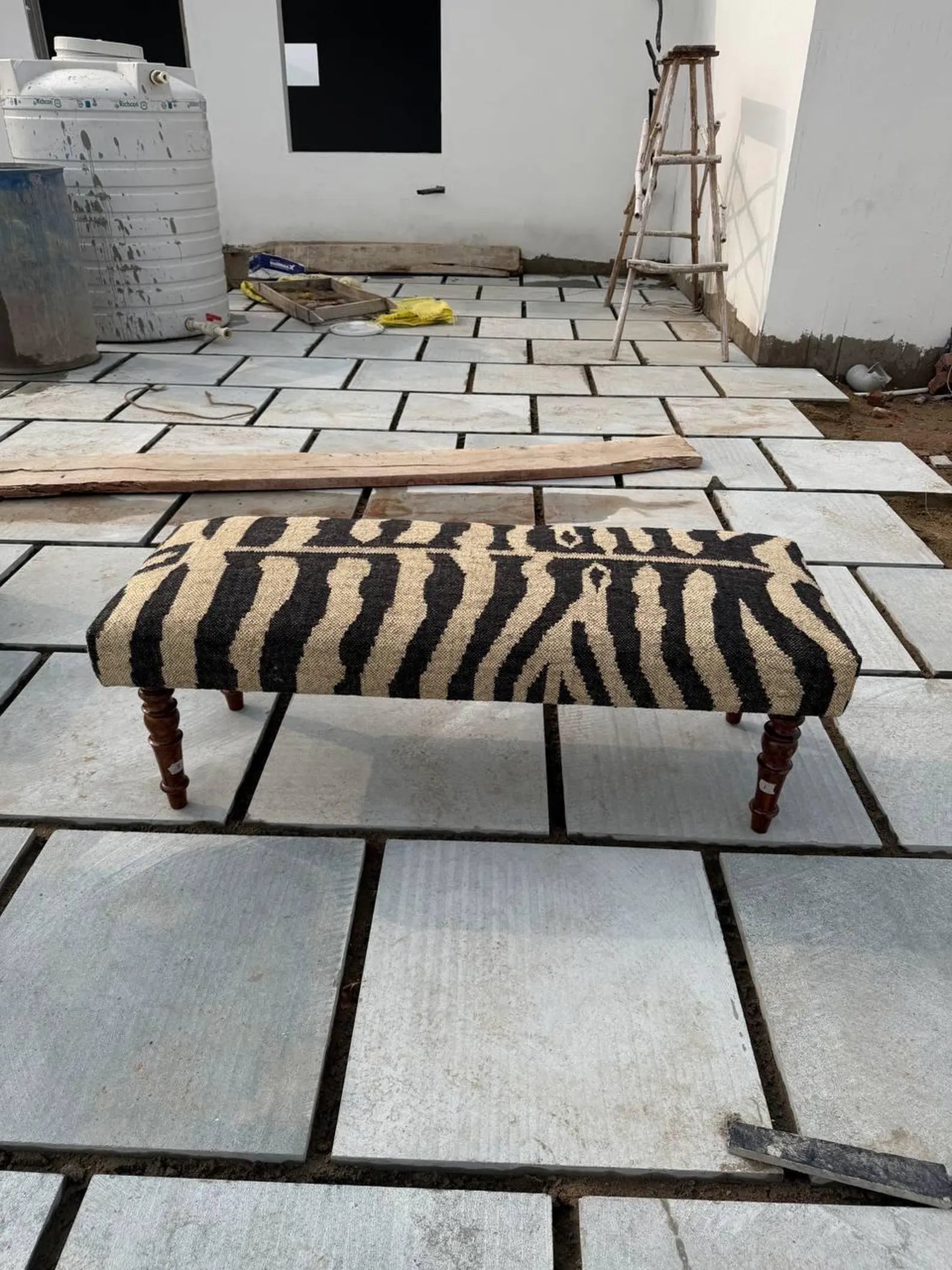 Zebra Pattern Kilim Bench – Handmade Teak Wood Wool Jute Ottoman