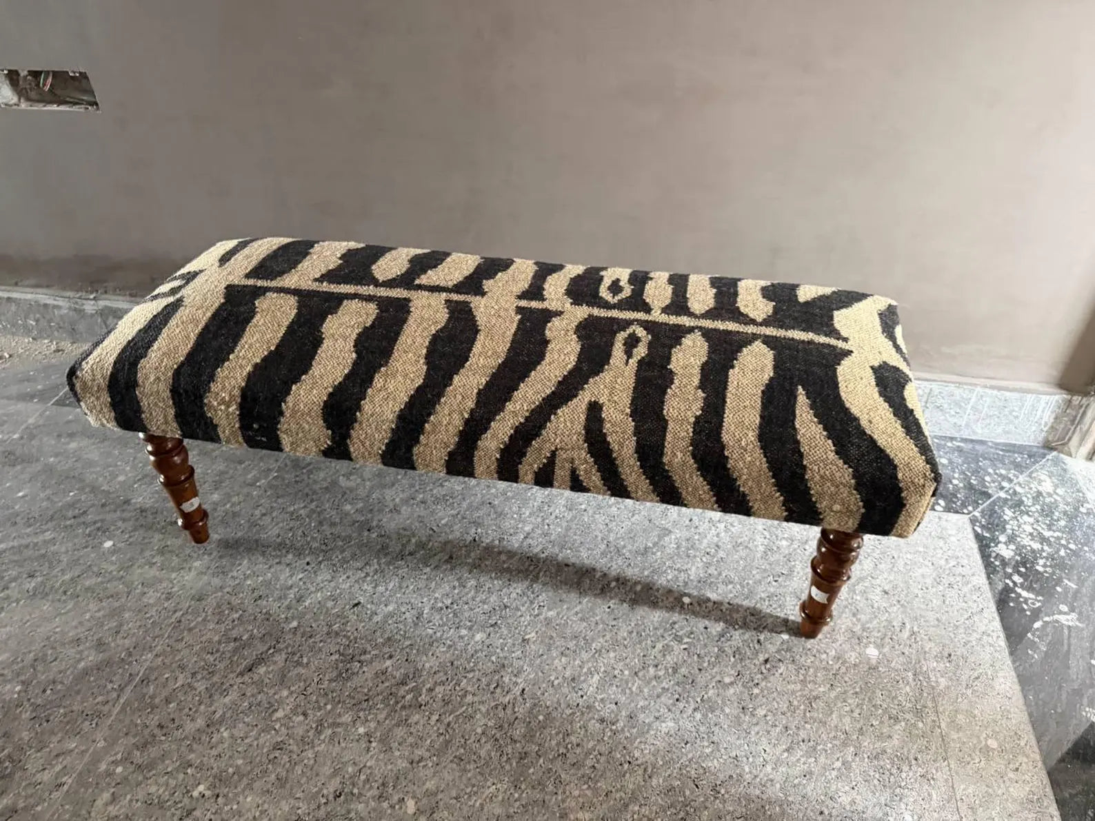 Zebra Pattern Kilim Bench – Handmade Teak Wood Wool Jute Ottoman