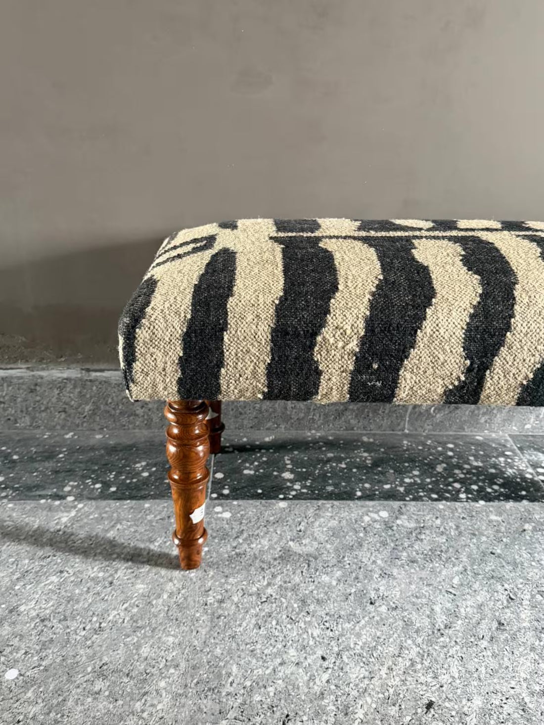 Zebra Pattern Kilim Bench – Handmade Teak Wood Wool Jute Ottoman
