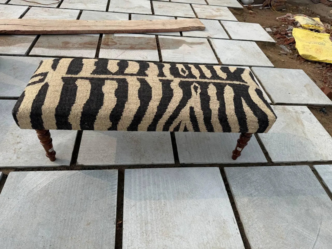 Zebra Pattern Kilim Bench – Handmade Teak Wood Wool Jute Ottoman