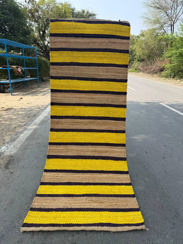 Natural Yellow Black Stripe Jute Hemp Runner Rug